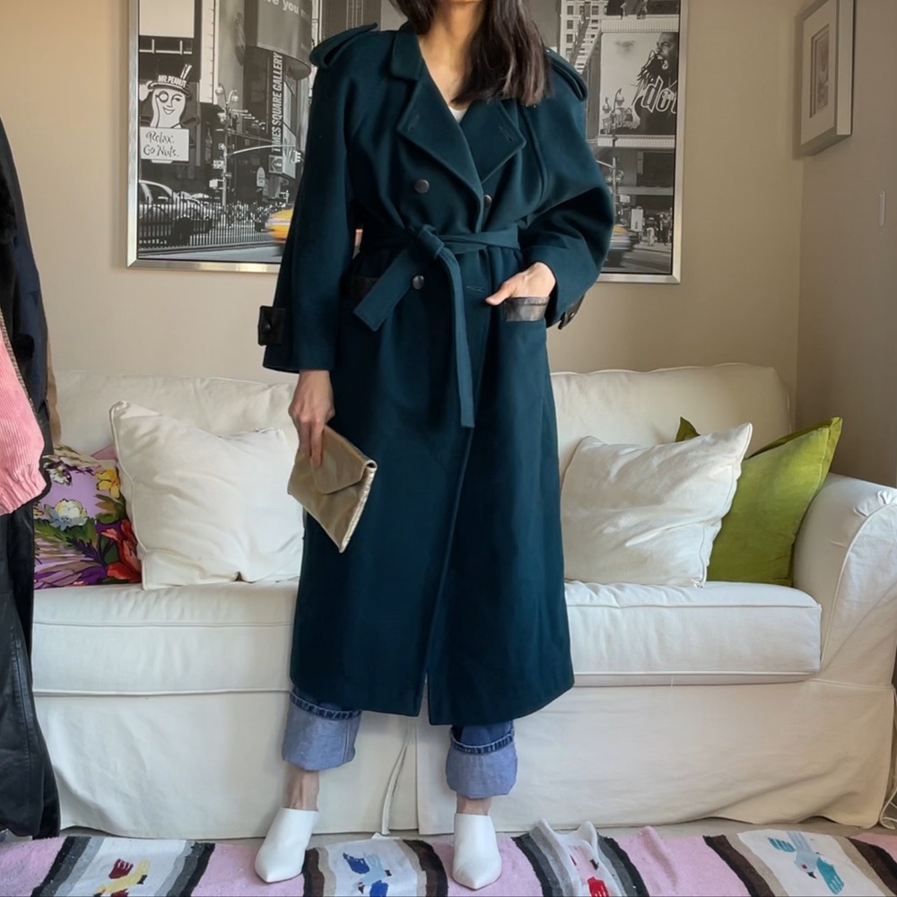 Vintage wool strong shoulder double breasted long coat